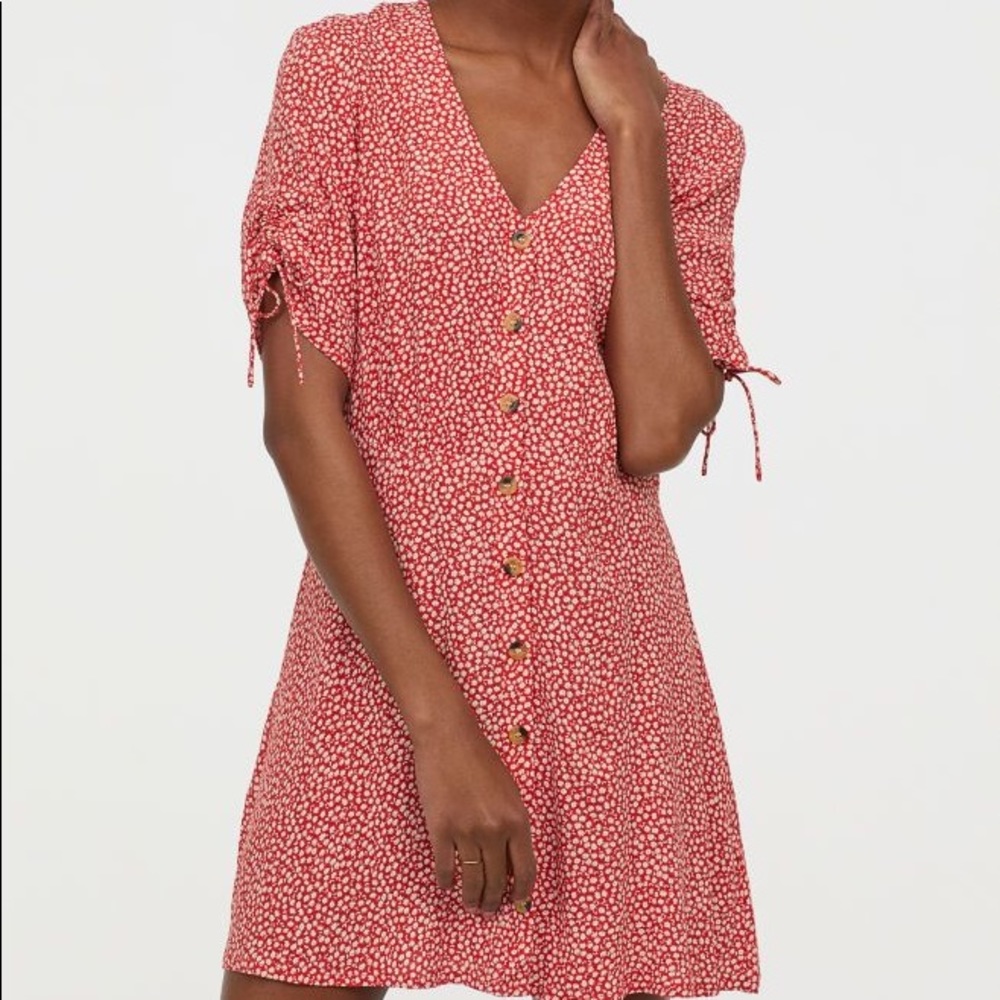 Red floral button down short sleeve mini dress